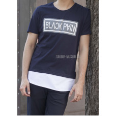 Удлиненная синяя футболка мужская "Black pain"